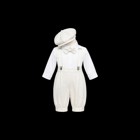 Mavezzano 5-Piece Ivory Linen Suspender Outfit Set with Newsboy Hat