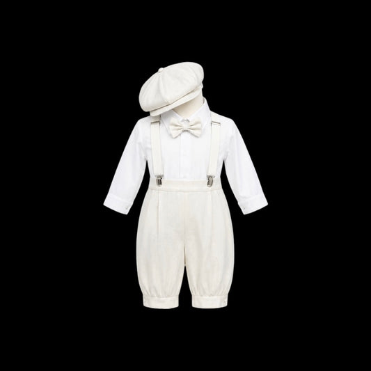 Mavezzano 5-Piece Ivory Linen Suspender Outfit Set with Newsboy Hat