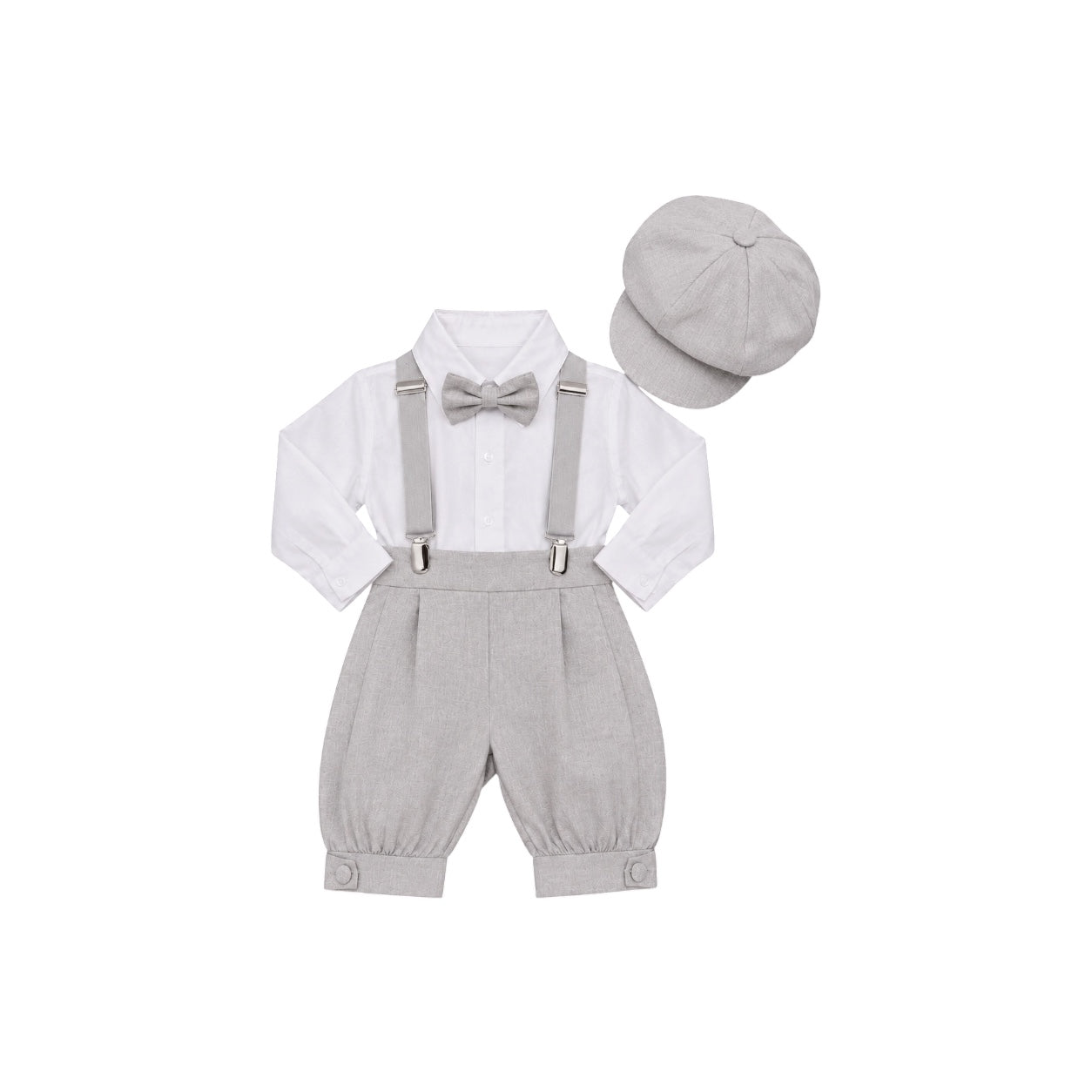 Mavezzano 5-Piece Light Grey Linen Suspender Outfit Set with Newsboy Hat