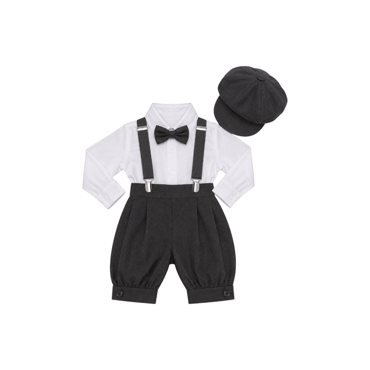 Mavezzano 5-Piece Charcoal Linen Suspender Outfit Set with Newsboy Hat