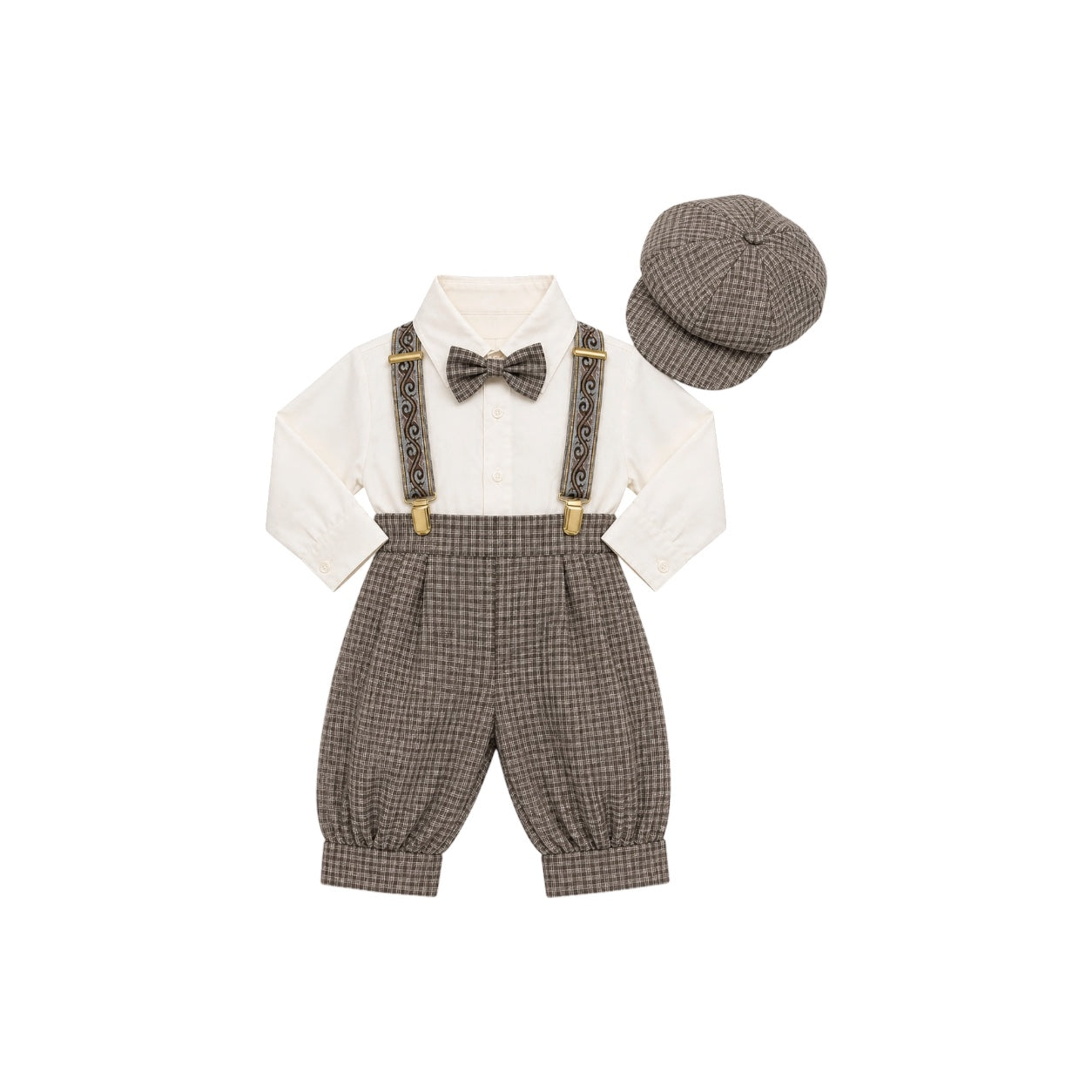 Rafael Collection 5-Piece Ivory & Taupe Plaid Suspender Outfit Set with Newsboy Hat (9 Months)