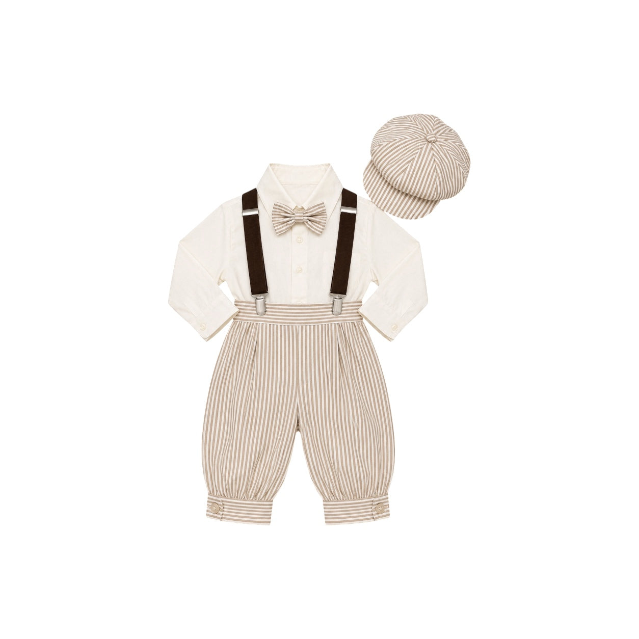 Mavezzano 5-Piece Tan Stripe Suspender Set with Newsboy Hat