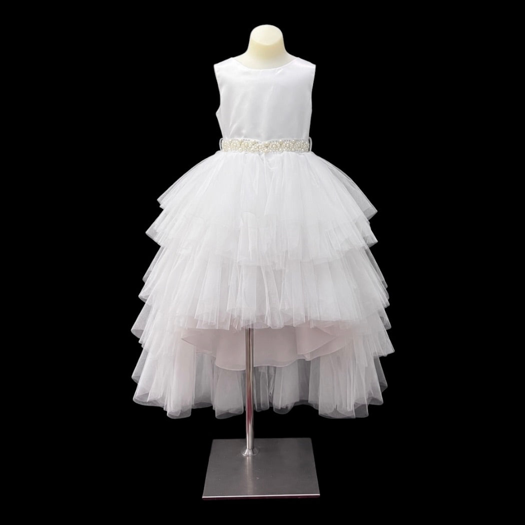 Joy Kids U.S.A. White Tiered Tulle High-Low Dress with Pearl & Rhinestone Sash