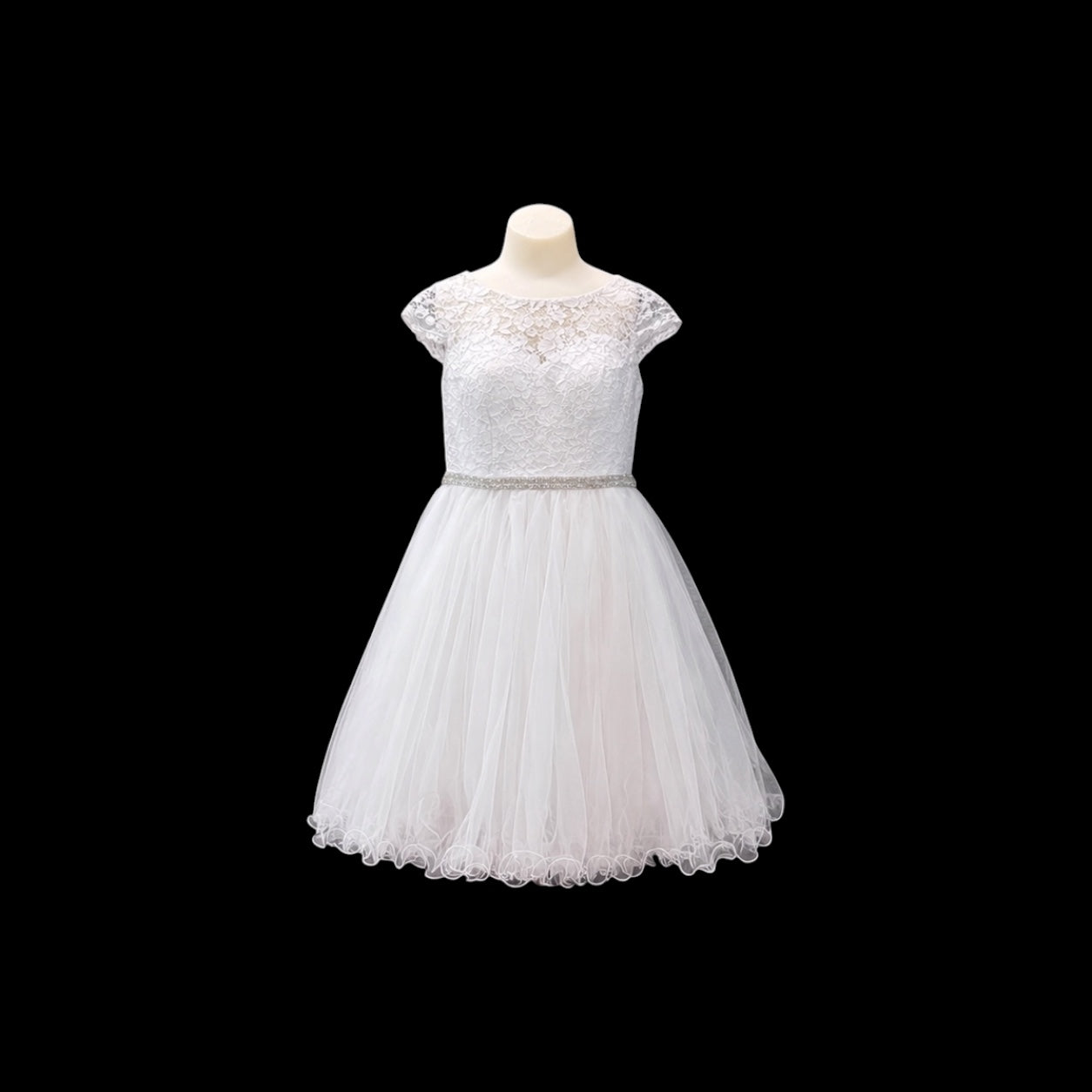 Jr. Grad Lace Dress with Rhinestone Waist and Layered Tulle Skirt