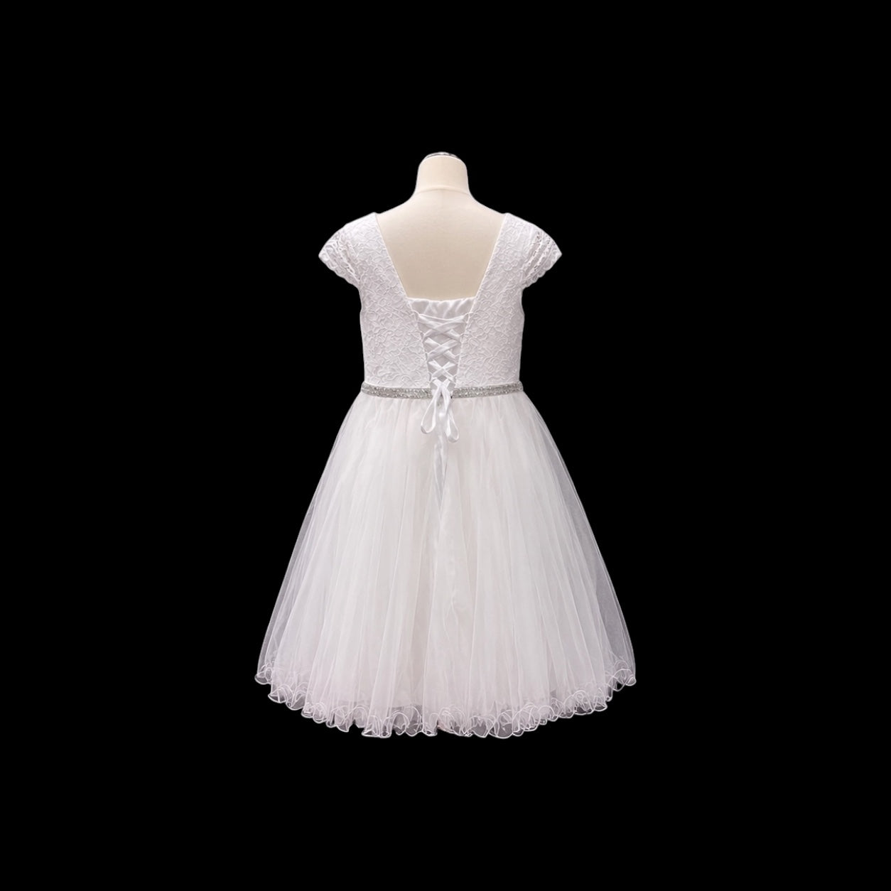 Jr. Grad Lace Dress with Rhinestone Waist and Layered Tulle Skirt