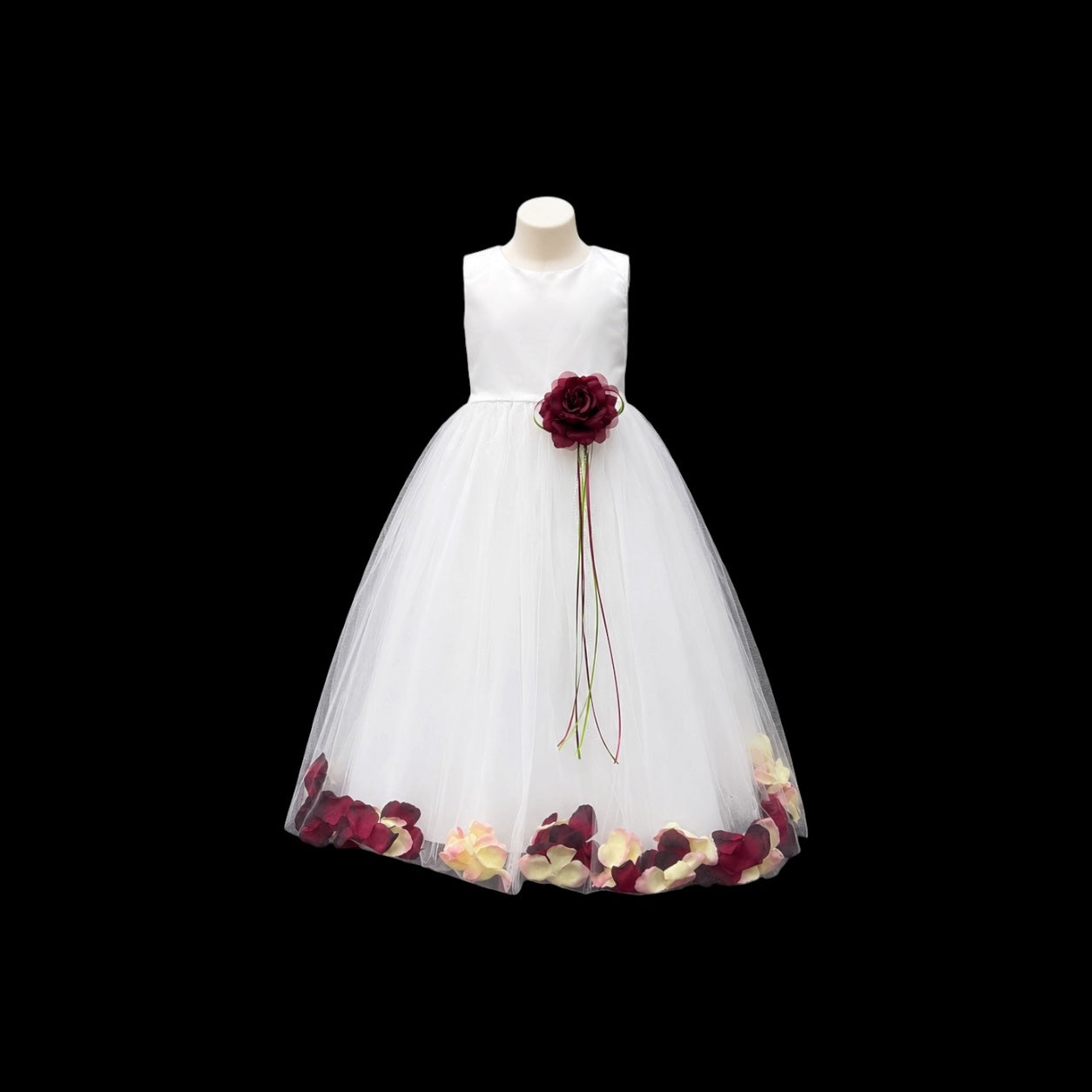 White Tea-Length Flower Girl Dress w/ Floating Organza Petals & Rosette Accent