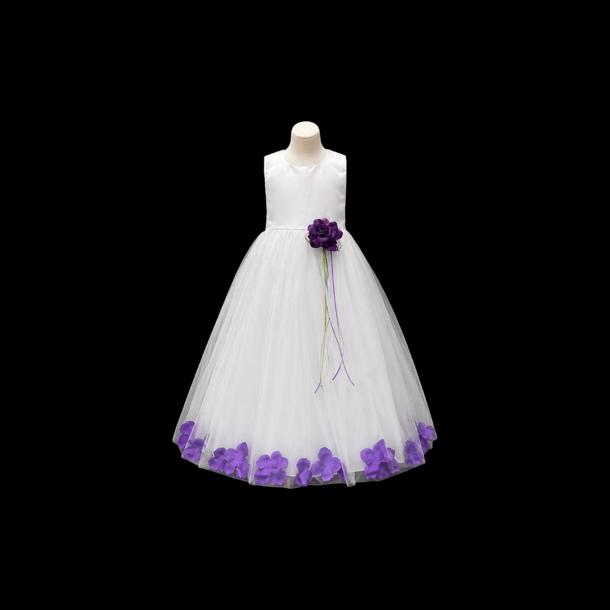 White Tea-Length Flower Girl Dress w/ Floating Organza Petals & Rosette Accent