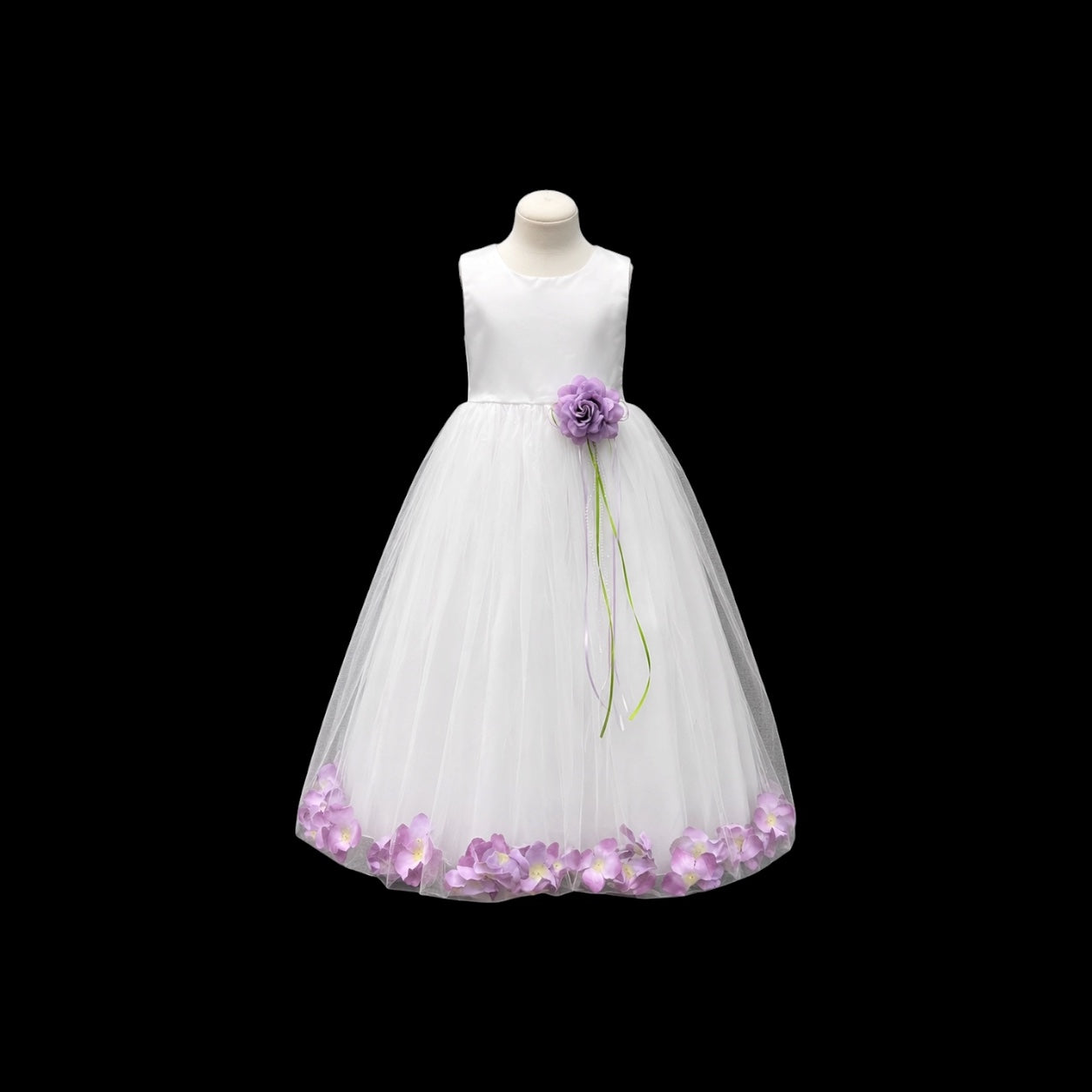White Tea-Length Flower Girl Dress w/ Floating Organza Petals & Rosette Accent