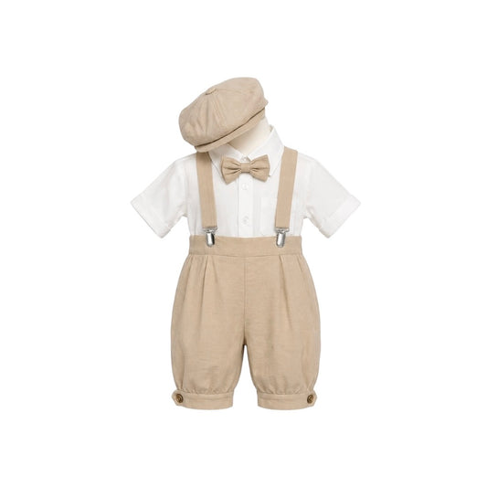Tip Top Kids 5-Piece Khaki Linen Suspender Set with Newsboy Hat