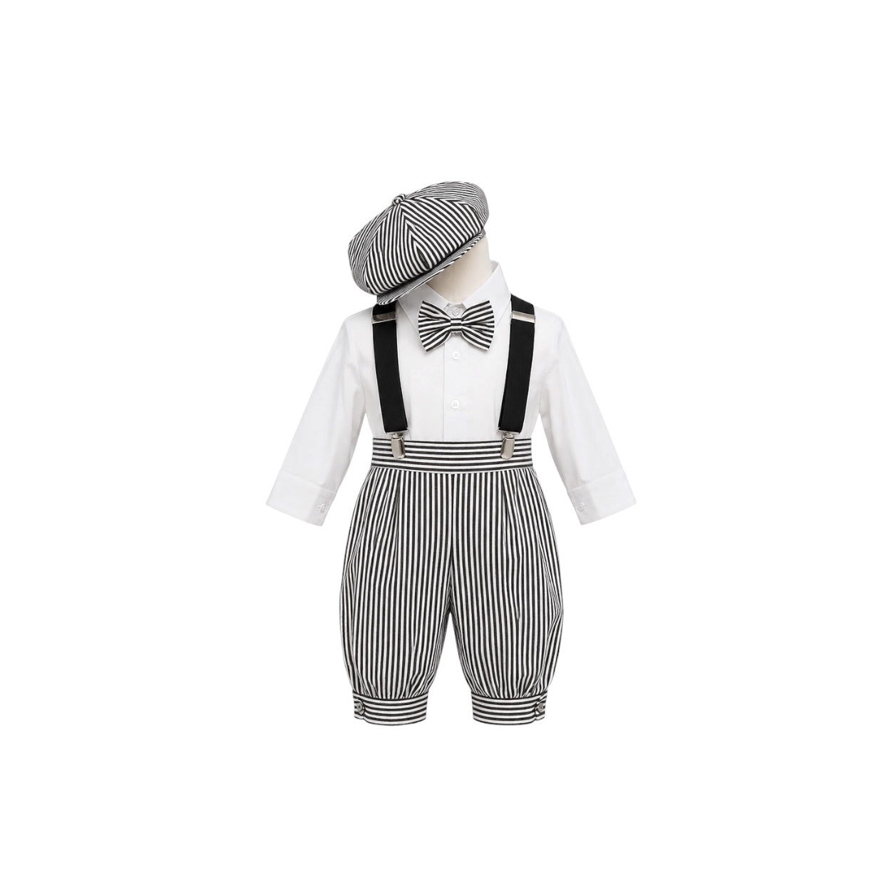 Mavezzano 5-Piece Black Stripe Suspender Set with Newsboy Hat (6 Months)