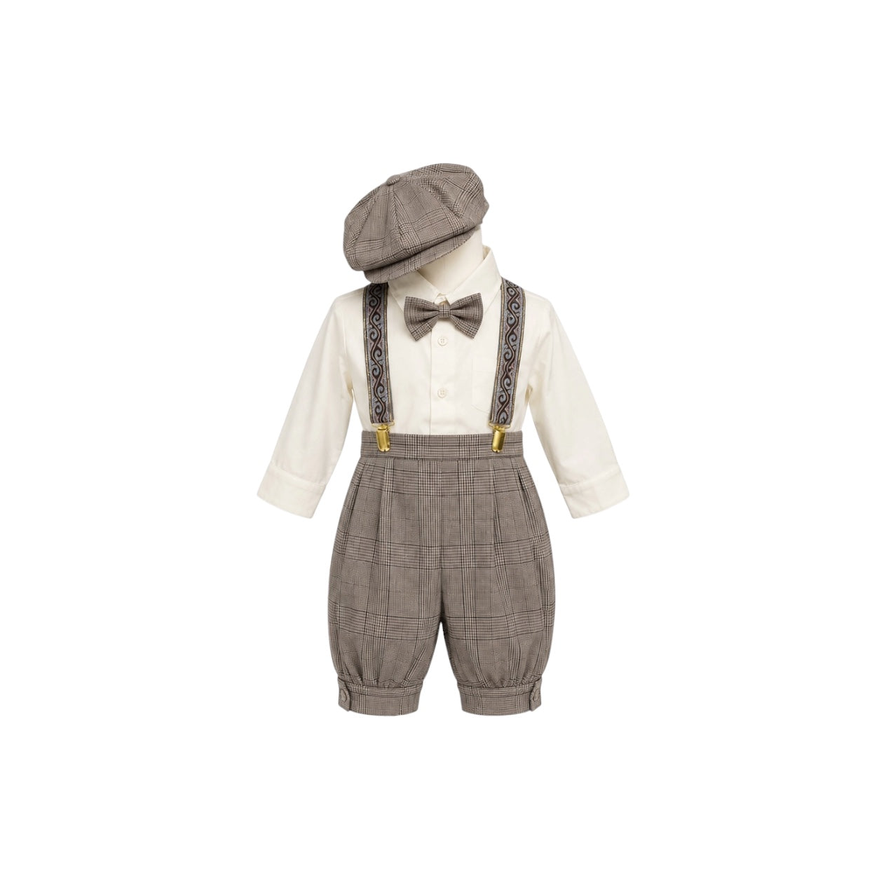 Rafael Collection 5-Piece Ivory & Taupe Plaid Suspender Outfit Set with Newsboy Hat (Size 2T)