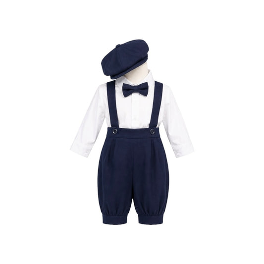 Mavezzano 5-Piece Navy Linen Suspender Outfit Set with Newsboy Hat