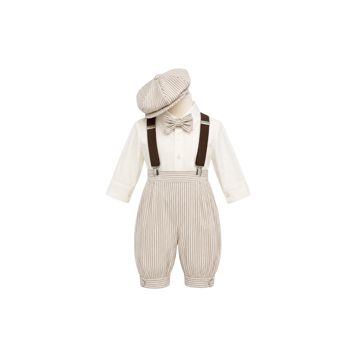 Mavezzano 5-Piece Tan Stripe Suspender Set with Newsboy Hat