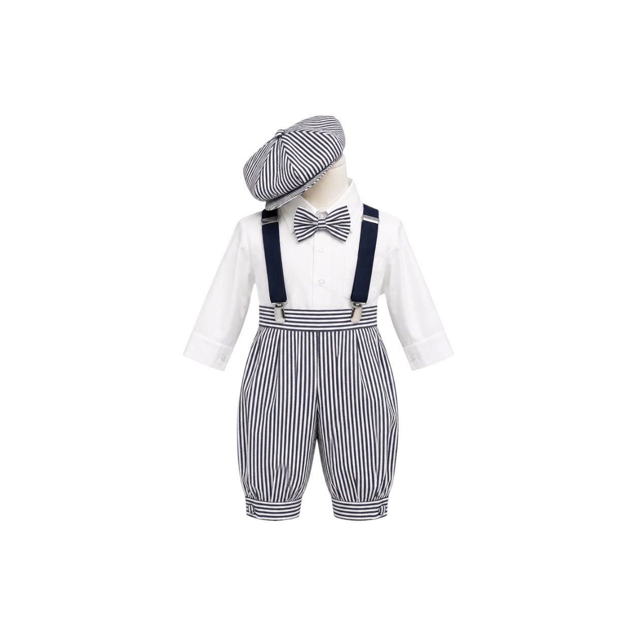 Mavezzano 5-Piece Navy Stripe Suspender Set with Newsboy Hat