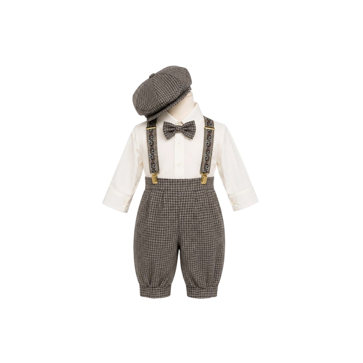 Rafael Collection 5-Piece Ivory & Taupe Plaid Suspender Outfit Set with Newsboy Hat (9 Months)
