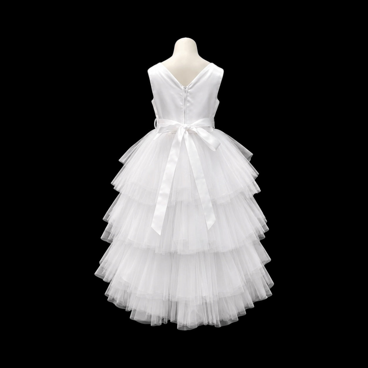 Joy Kids U.S.A. White Tiered Tulle High-Low Dress with Pearl & Rhinestone Sash