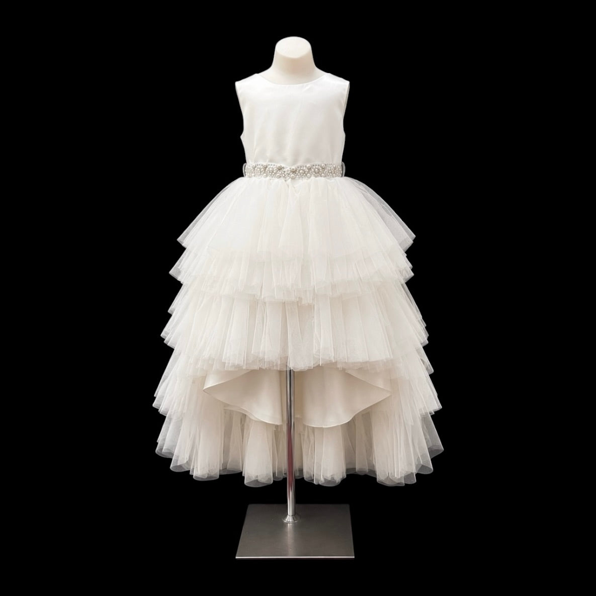 Joy Kids U.S.A. Ivory Tiered Tulle High-Low Dress with Pearl & Rhinestone Sash (Size 16)