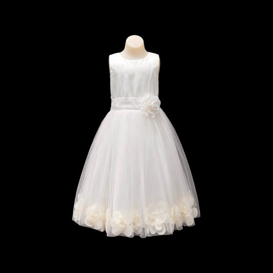 Ivory Tea-Length Tulle Dress with Floral Petal Skirt & Rosette Waist Detail