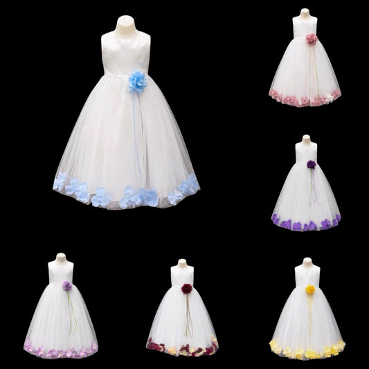 White Tea-Length Flower Girl Dress w/ Floating Organza Petals & Rosette Accent