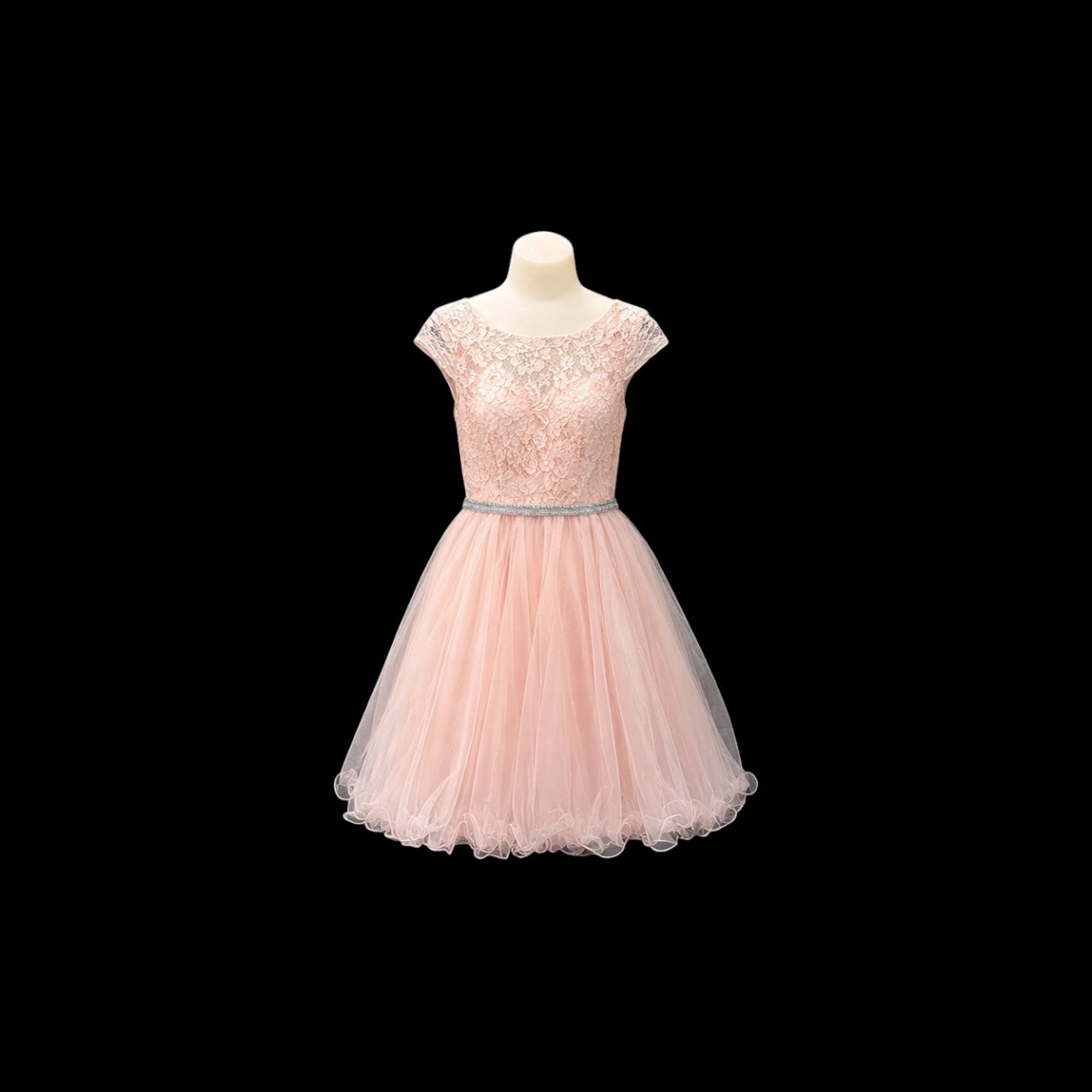 Jr. Grad Lace Dress with Rhinestone Waist and Layered Tulle Skirt