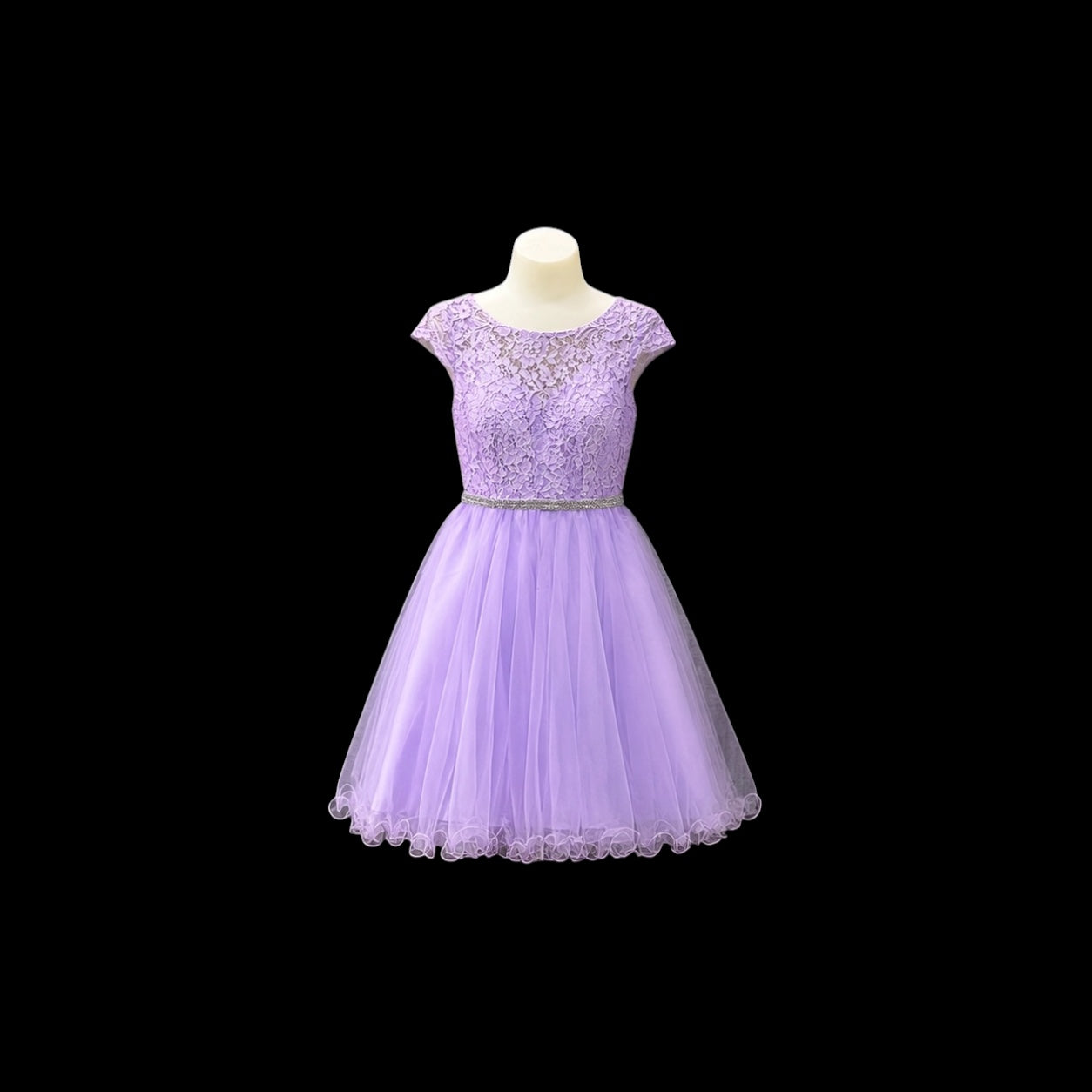 Jr. Grad Lace Dress with Rhinestone Waist and Layered Tulle Skirt