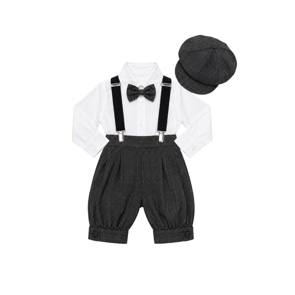 Mavezzano 5-Piece Charcoal Plaid Suspender Outfit Set with Newsboy Hat (6-9 months)