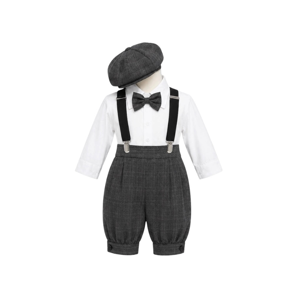 Mavezzano 5-Piece Charcoal Plaid Suspender Outfit Set with Newsboy Hat (6-9 months)