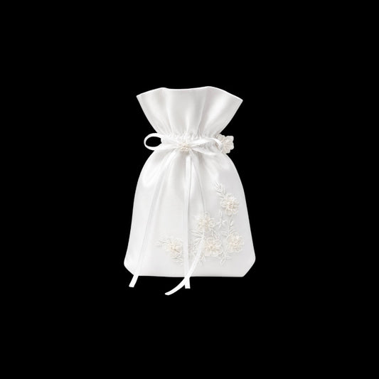 Girls White Satin Ruffled Pearl Purse w/ Floral Detail
