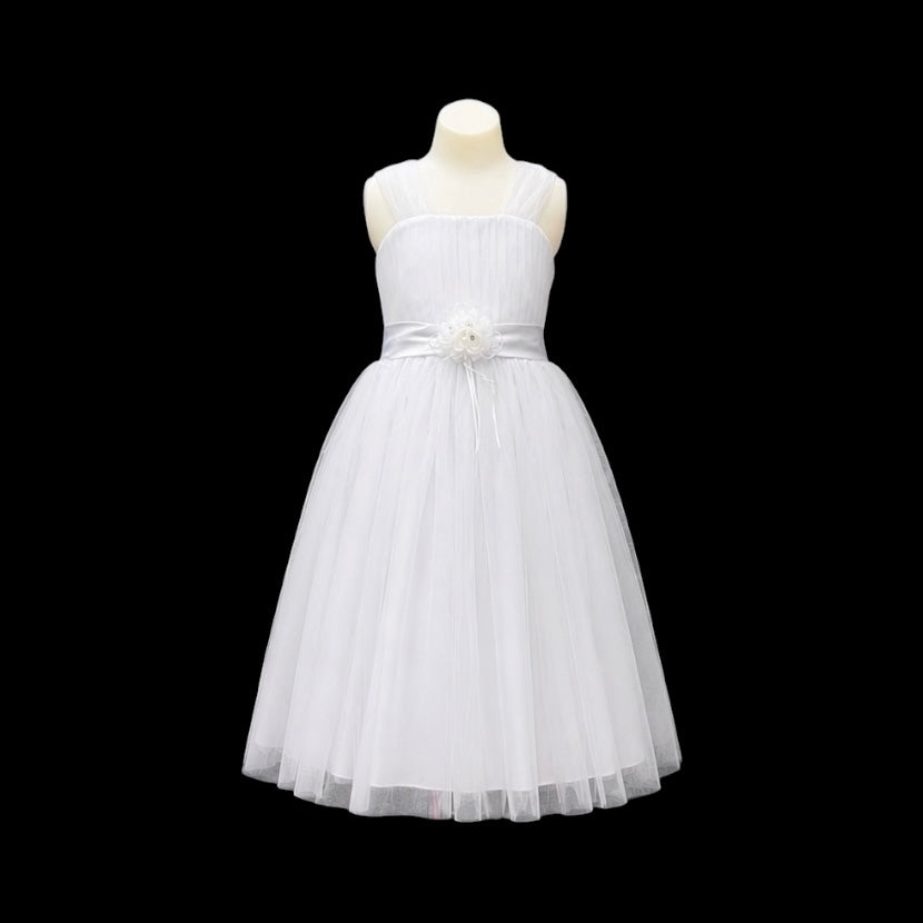 Tea-Length Tulle Dress with Floral Rosette Waist Detail
