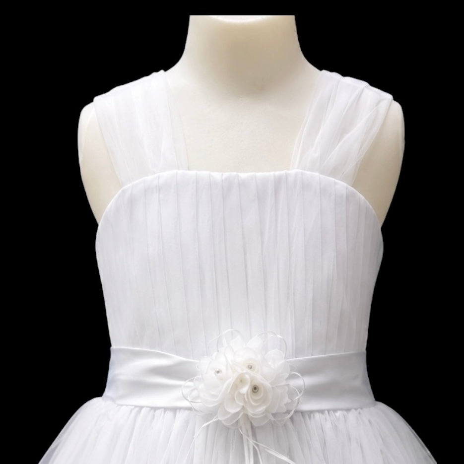 Tea-Length Tulle Dress with Floral Rosette Waist Detail