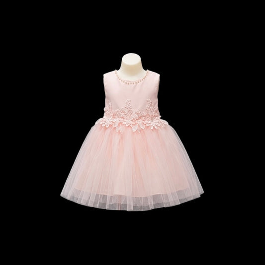 Fancy Kids Blush Pearl Neckline Floral Embroidered Baby Dress w/ Tulle Skirt