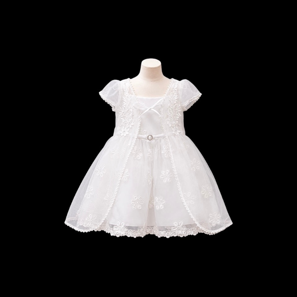 Baby Girl White Formal Dress with Floral Embroidered Bodice & Organza Overlay (18–24 Months)