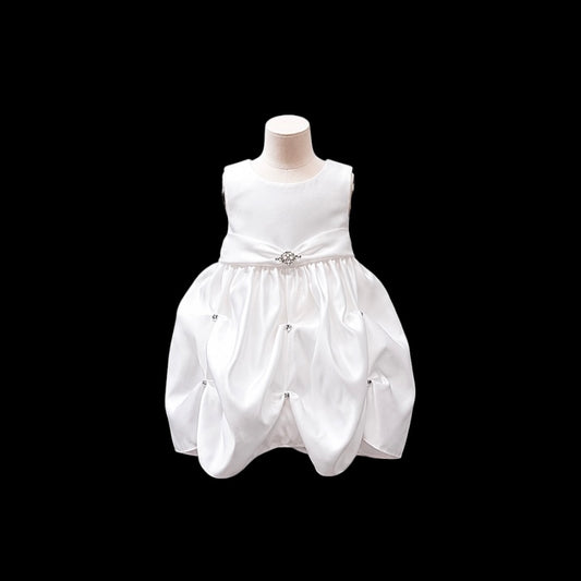 Sleeveless Baby Girl White Formal Dress with Rhinestone Brooch & Ruching Detail (18–24 Months)