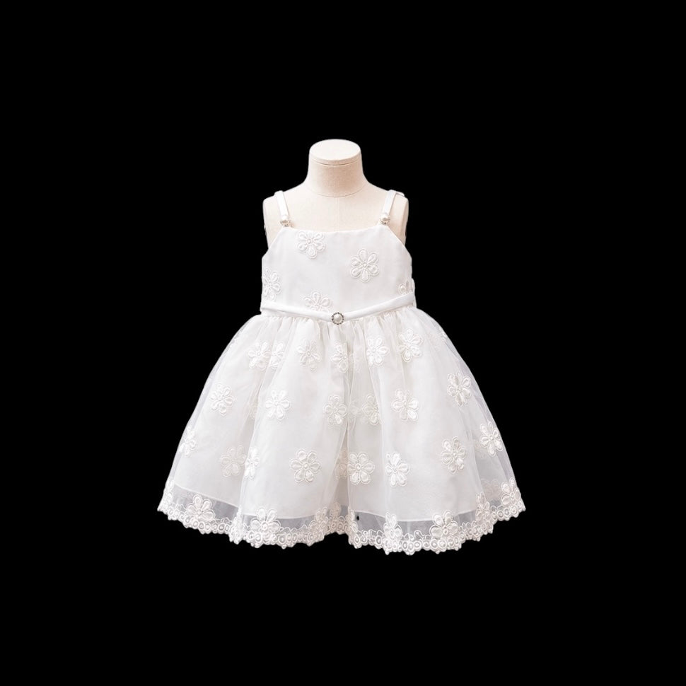 Baby Girl White Formal Dress with Floral Embroidered Bodice & Organza Overlay (18–24 Months)