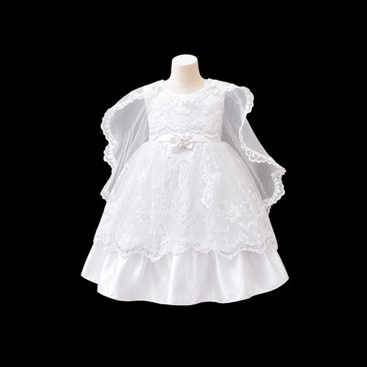 Sleeveless Baby Girl “Hail Mary” Embroidered Baptism Gown with Organza Cape & Bonnet (12 Months)