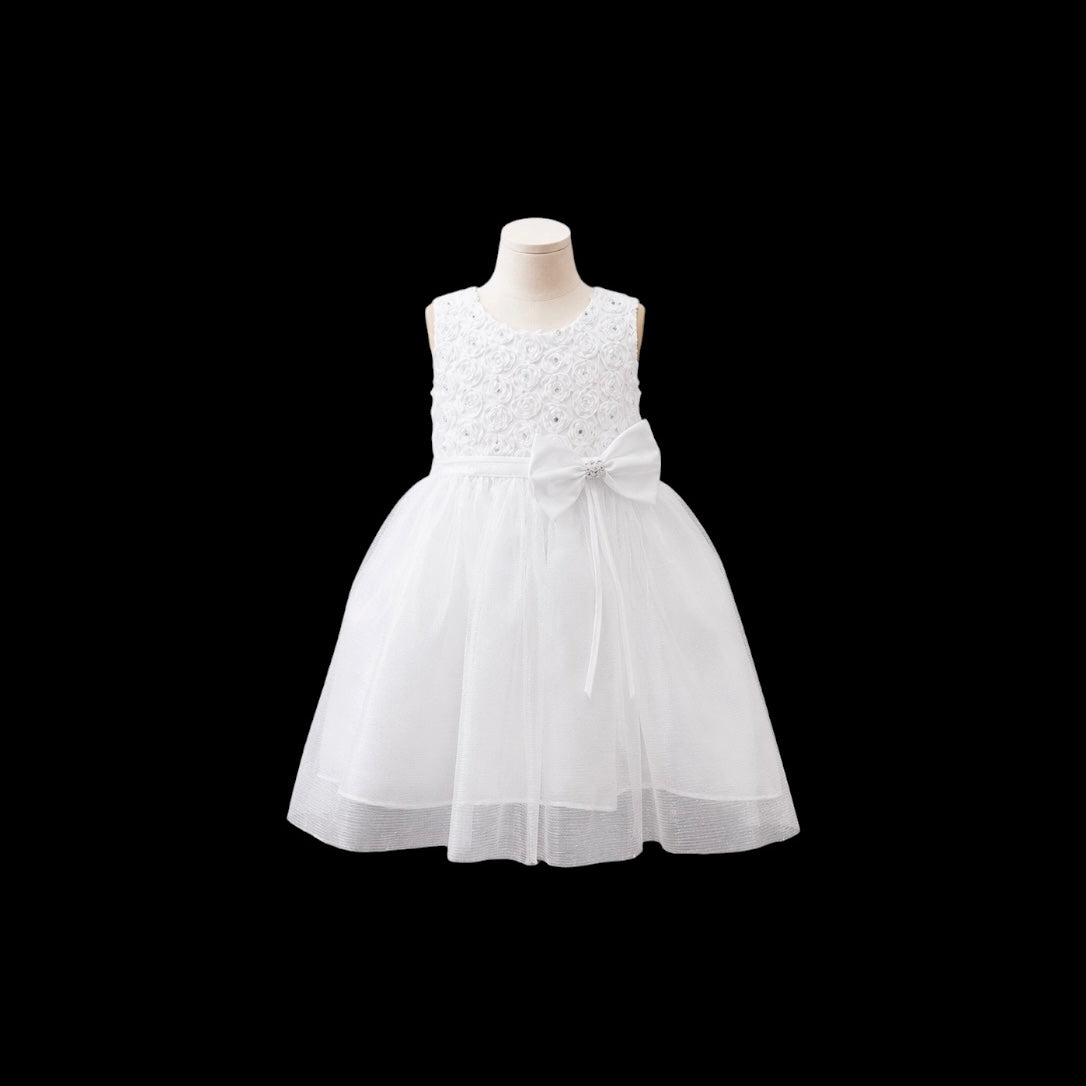 White Glitter Tulle Baby Girl Dress with Floral Rosette Bodice, Rhinestone Bow & Matching Headband