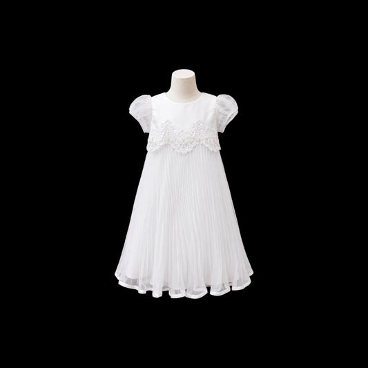 White Organza Pleated Baby Girl Christening Gown with Matching Bonnet