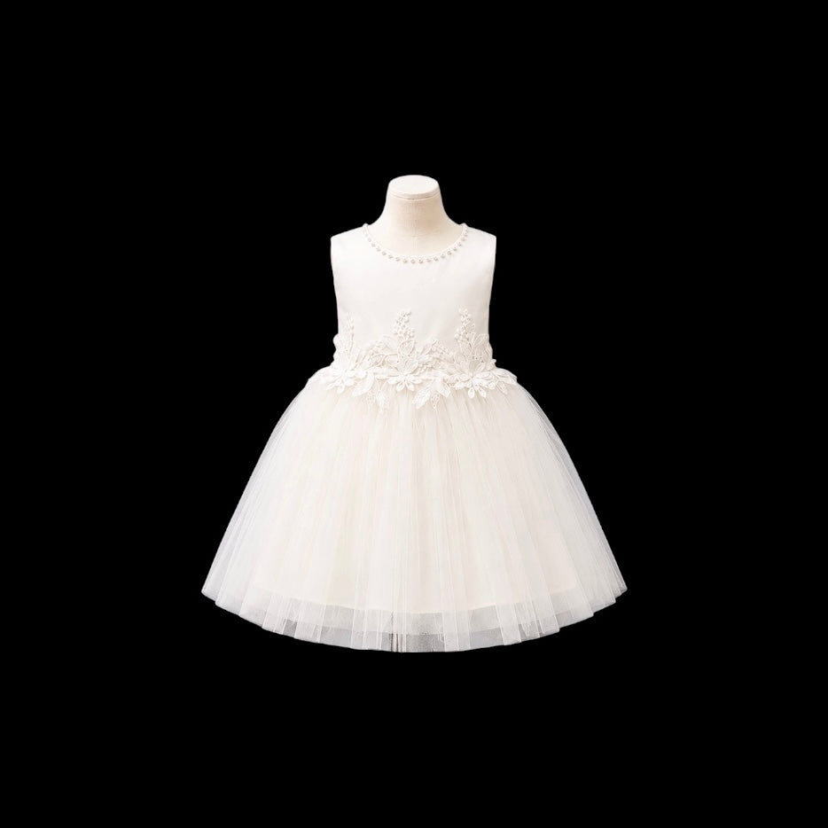 Fancy Kids Pearl Neckline Baby Girl Dress with Floral Embroidery & Tulle Skirt