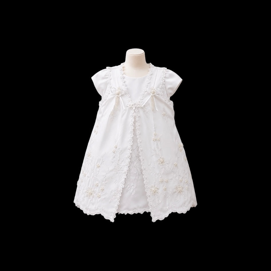 3-Piece Baby Girl Satin Christening Dress with Angel Embroidery & Bonnet (6–9 Months)