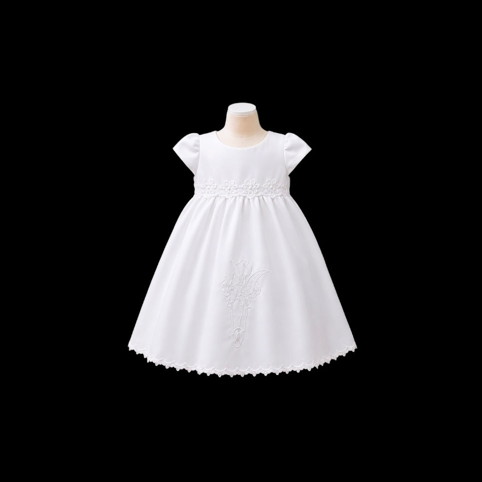 3-Piece Baby Girl Satin Christening Dress with Angel Embroidery & Bonnet (6–9 Months)