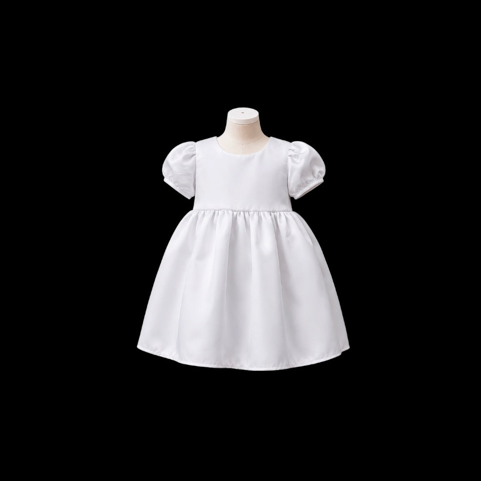 Baby Girl White Satin Baptism Dress with Lace Embroidered Overlay & Matching Bonnet (9–12 Months)