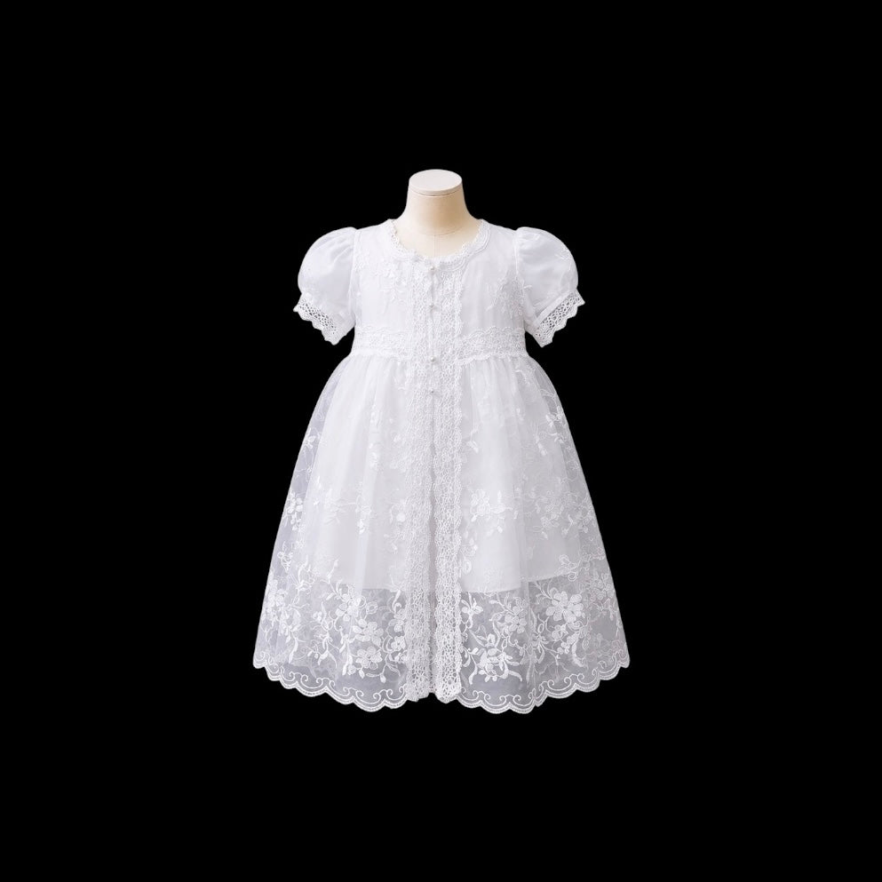 Baby Girl White Satin Baptism Dress with Lace Embroidered Overlay & Matching Bonnet (9–12 Months)