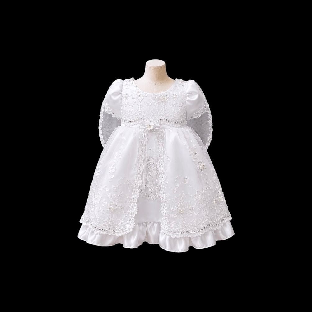 Cap Sleeve Baby Girl Baptism Gown with “Hail Mary” Embroidery, Organza Cape & Bonnet Set