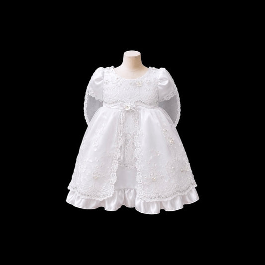 Cap Sleeve Baby Girl Baptism Gown with “Hail Mary” Embroidery, Organza Cape & Bonnet Set