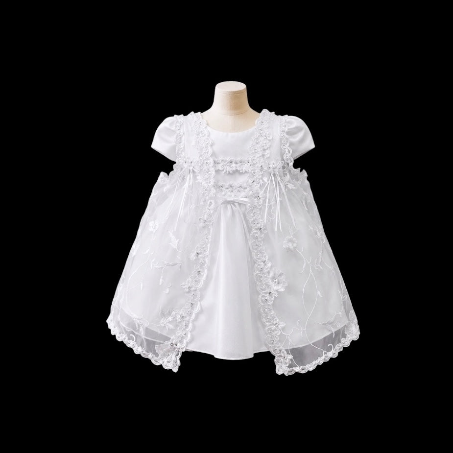 3-Piece Baby Girl White Butterfly Dress with Embroidered Tulle Overlay, Bonnet & Cape