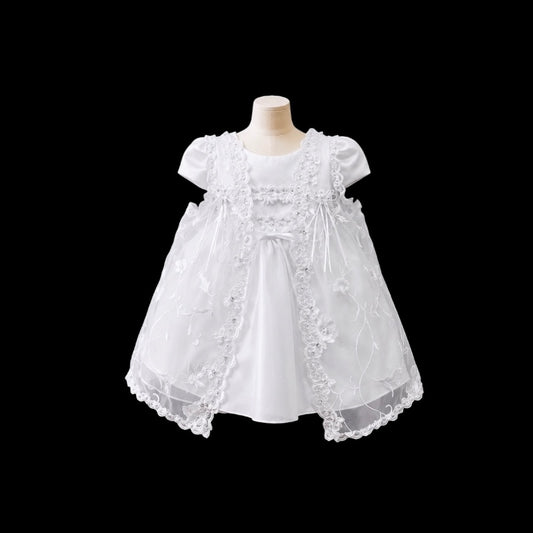3-Piece Baby Girl White Butterfly Dress with Embroidered Tulle Overlay, Bonnet & Cape