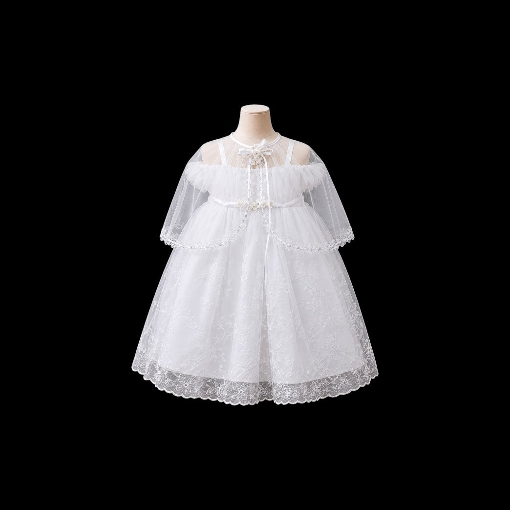 White Off-Shoulder Baby Girl Baptism Gown with Floral Embroidery, Bonnet & Cape Set