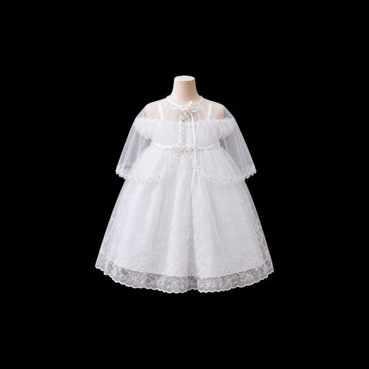 White Off-Shoulder Baby Girl Baptism Gown with Floral Embroidery, Bonnet & Cape Set