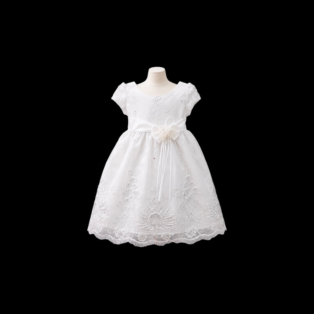 Cap Sleeve Baby Girl White Embroidered Dress with Coloured Rhinestones & Rosette Sash