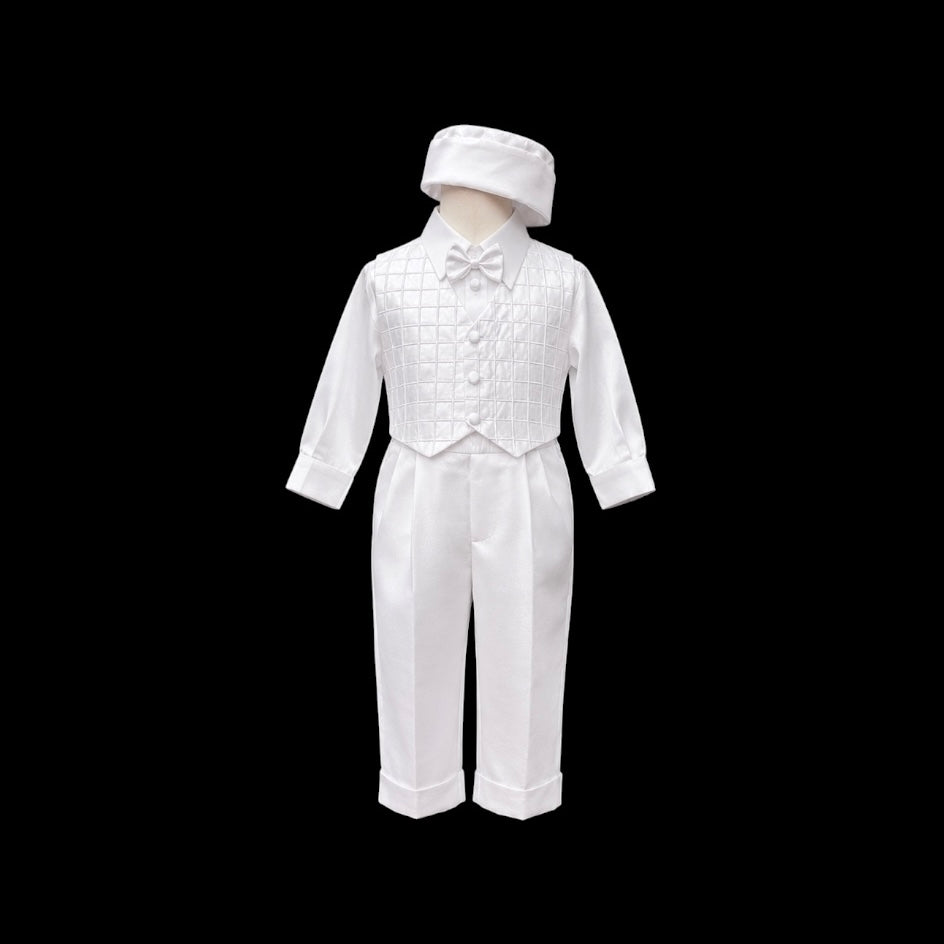 Fancy Kids 5-Piece White Christening Suit with Square Pattern Embroidery